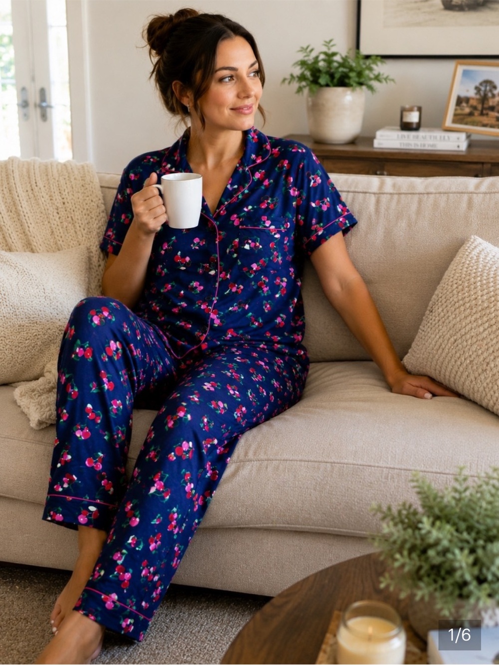 Kate Spade Short Sleeve Crop Pant Pajama Set Size Small Navy Red Cherries